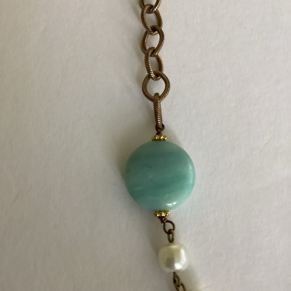 Julio Designs Necklace Mixed Pearl & Aqua Stone Gold Chain Accents Long Artisan - Picture 5 of 12